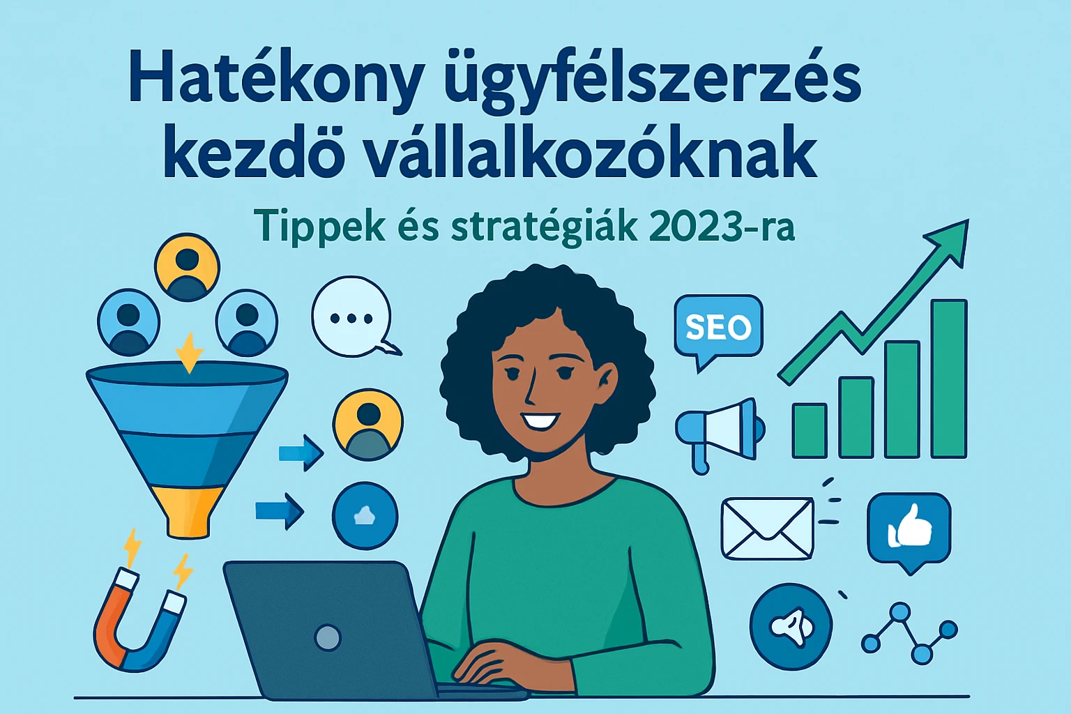 Egy fiatal nő mosolyogva dolgozik a laptopján, körülötte ügyfélszerzési ikonok láthatók.