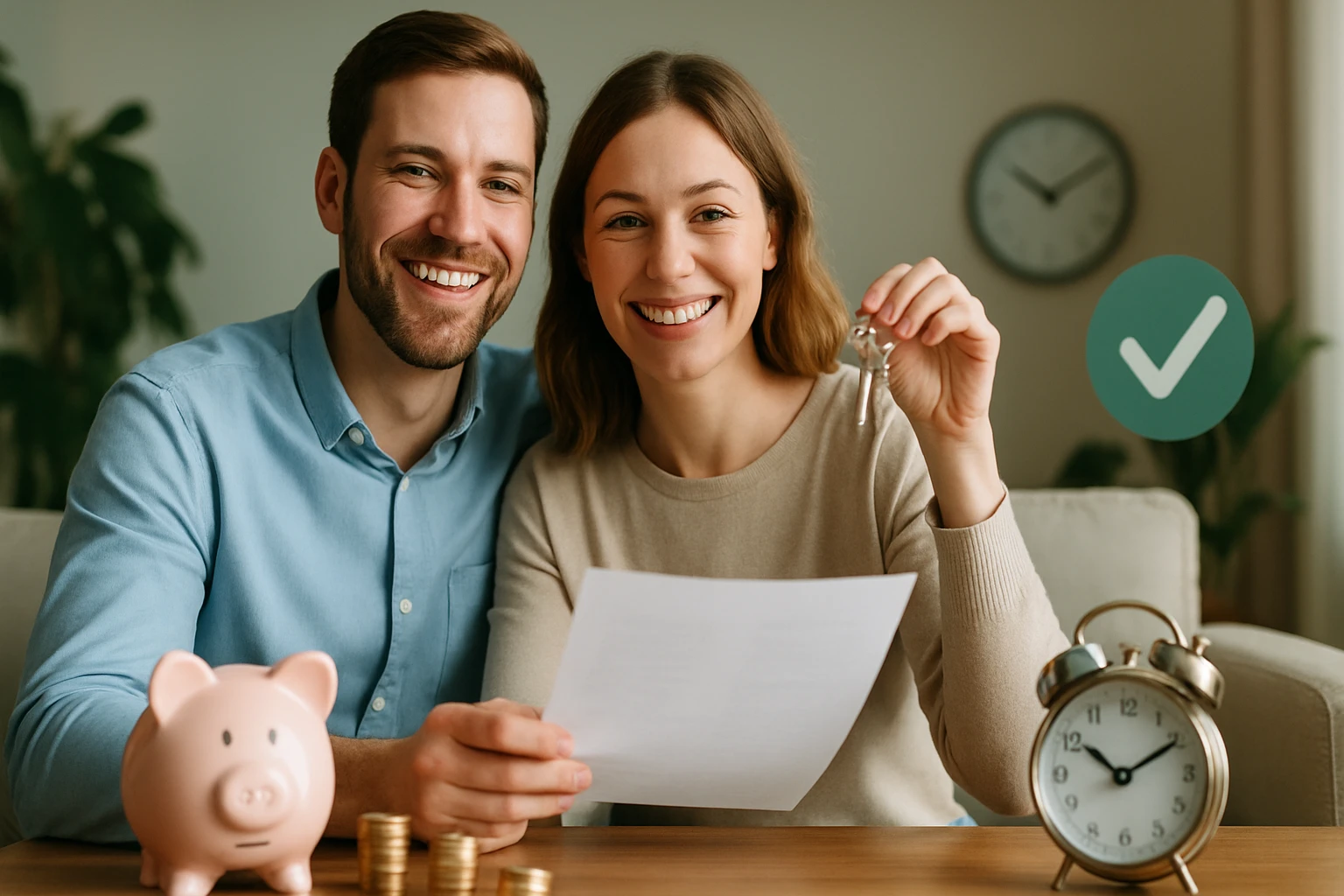 Egy fiatal pár boldogan ül egy asztalnál, kulcsot tartanak a kezükben, miközben egy papírt néznek.
