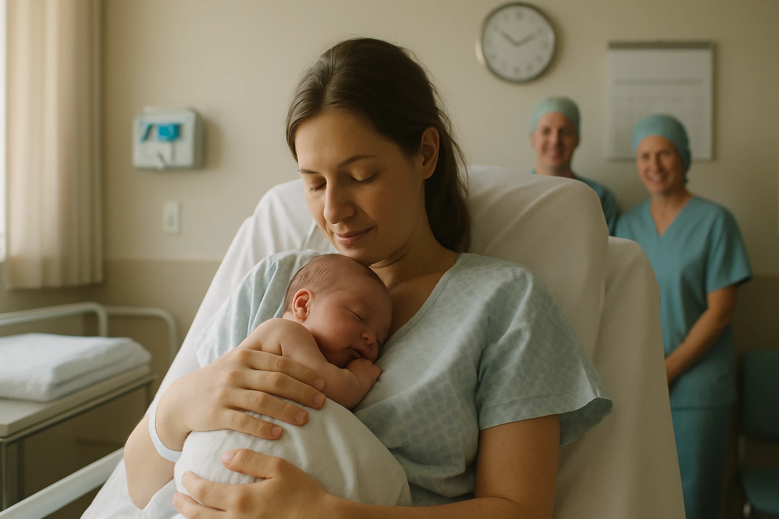 Egy fiatal anya a kórházban tartja újszülött babáját, miközben az orvosi személyzet a háttérben mosolyog.