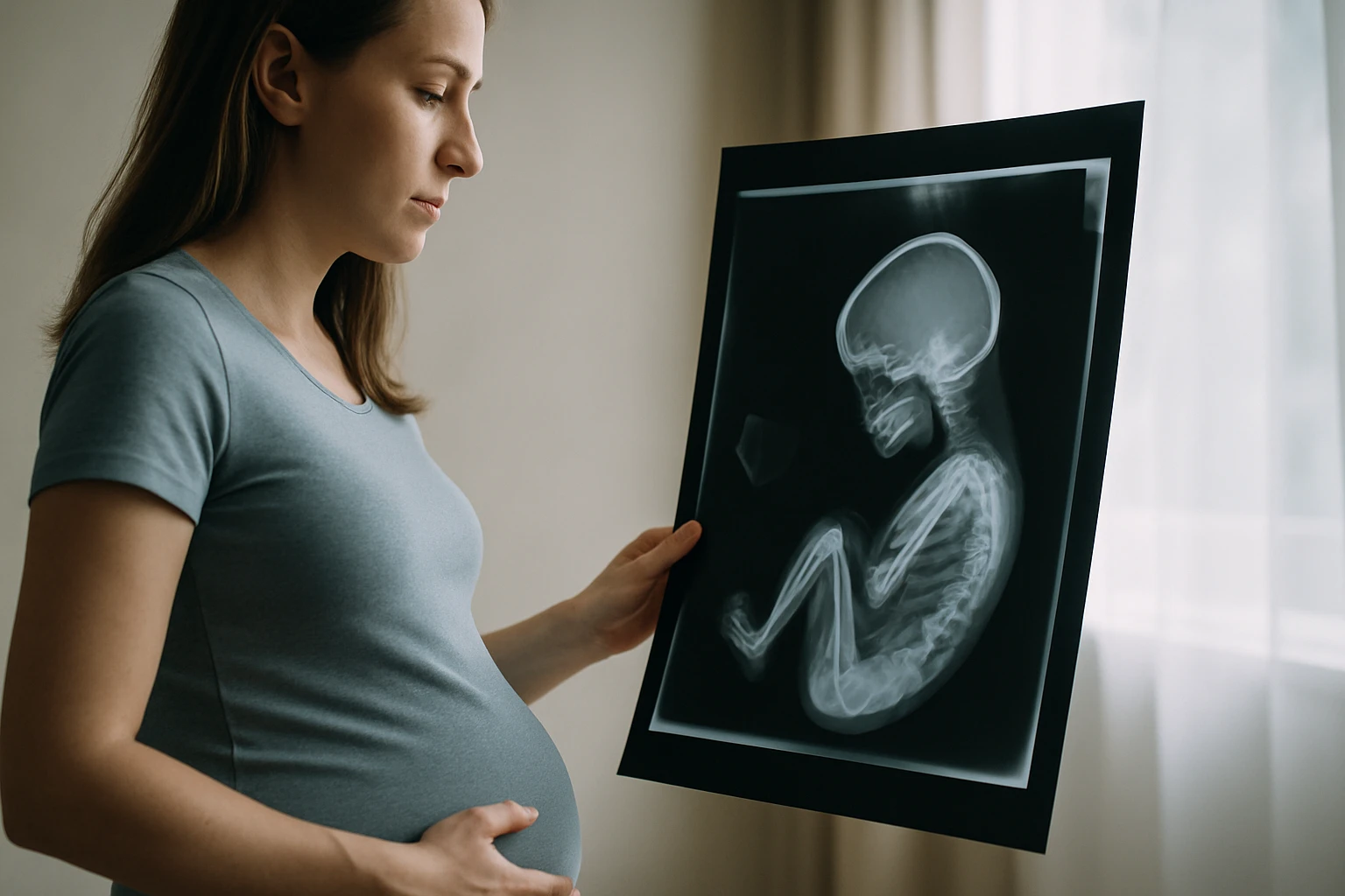 Egy terhes nő egy ultrahang felvételt néz, amelyen a magzat látható.