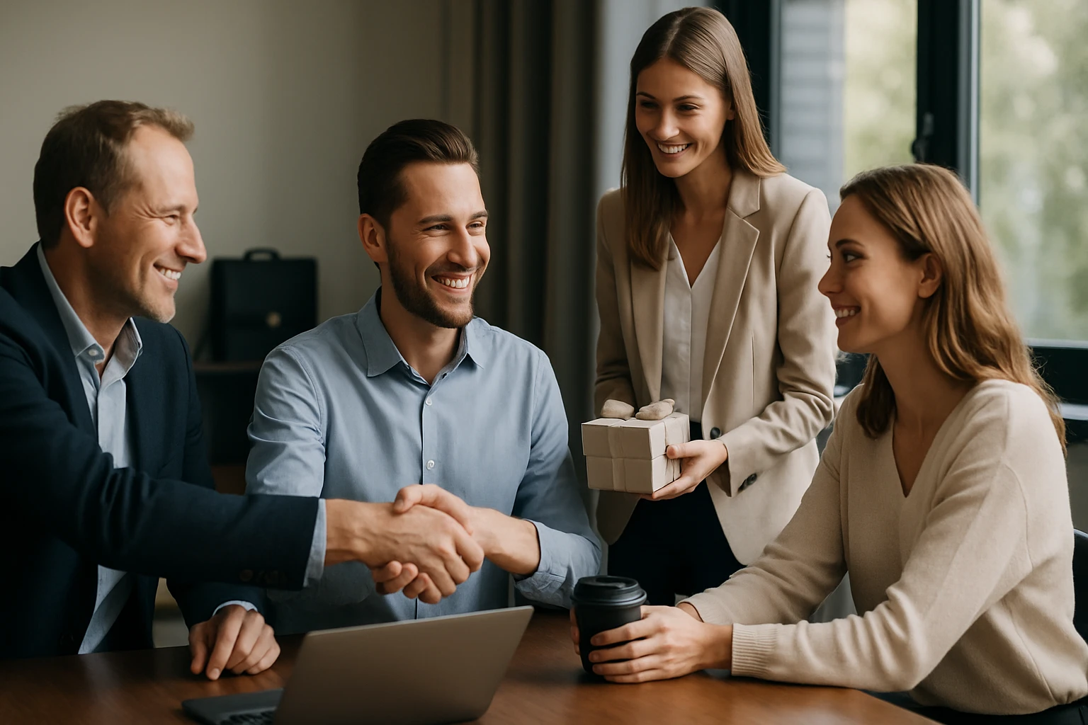 Négy ember ül egy tárgyalóasztalnál, mosolyognak, egyikük ajándékot ad át.