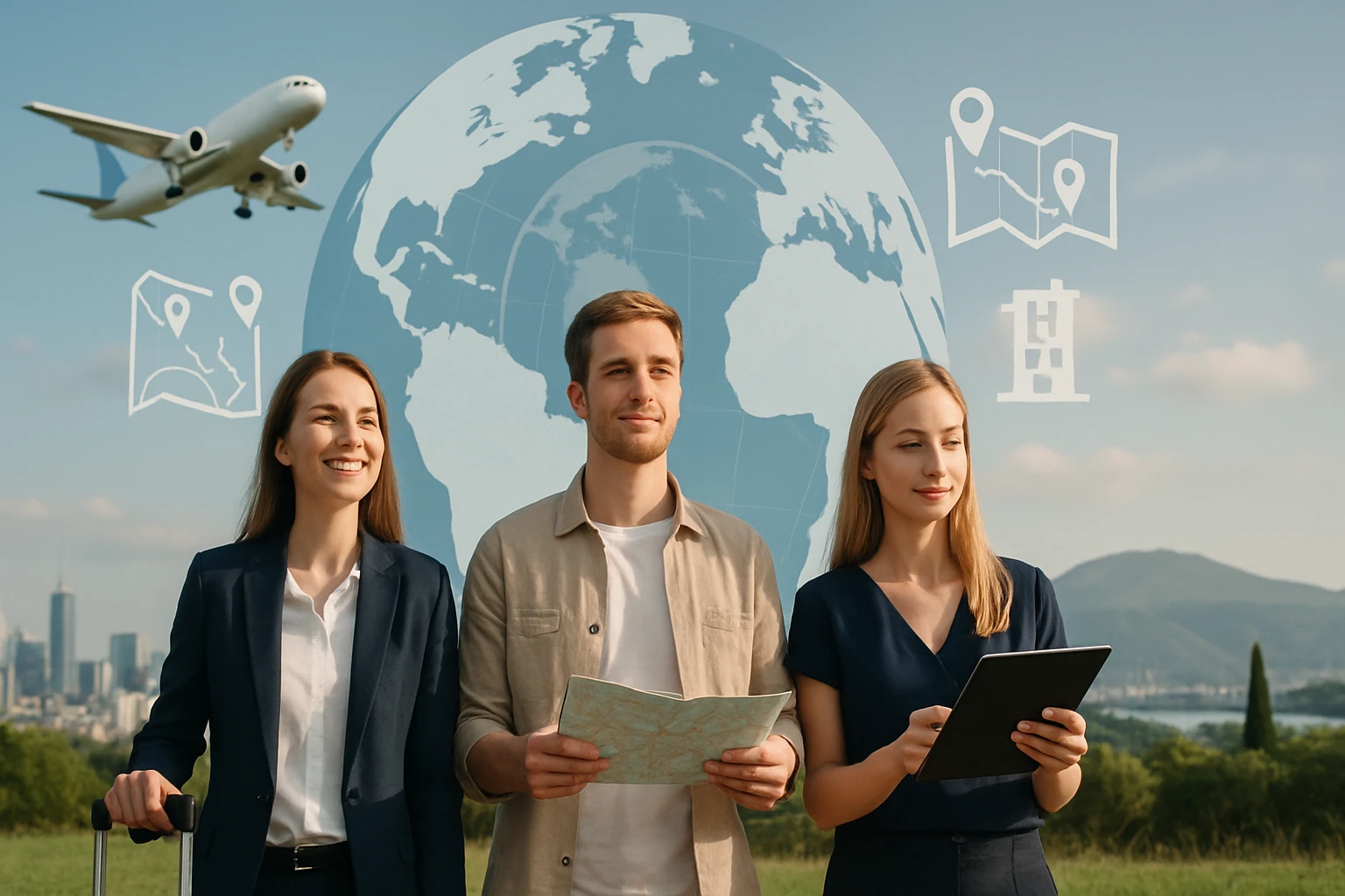 Három fiatal felnőtt áll egy zöld mezőn, háttérben a Föld gömbjével és repülőgéppel.