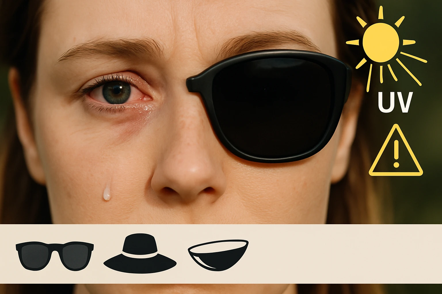 Egy nő arca, az egyik szemén napszemüveg, a másik piros és könnyezik.