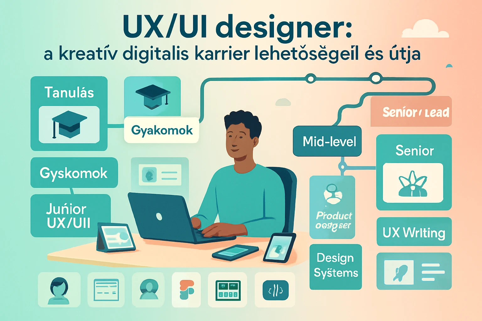Egy UX/UI designer dolgozik laptopján, körülötte karrierlehetőségek és tanulási útvonalak ábrázolva.