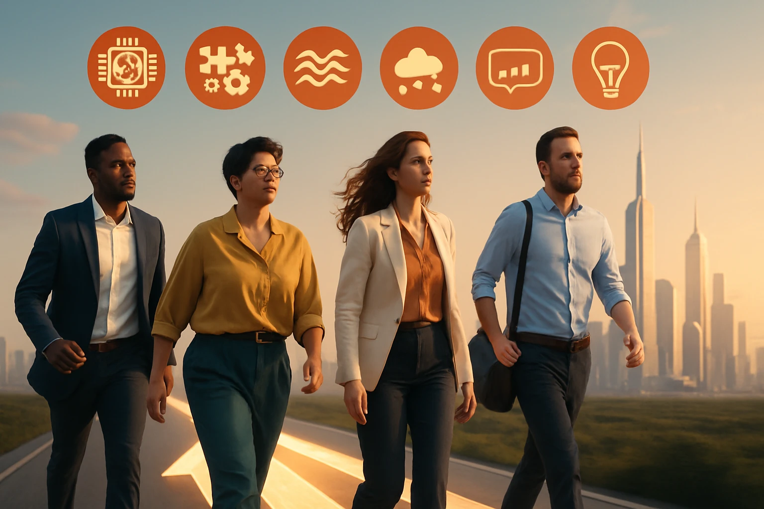 Négy üzletember sétál egy városi úton, a háttérben felhőkarcolók láthatók.