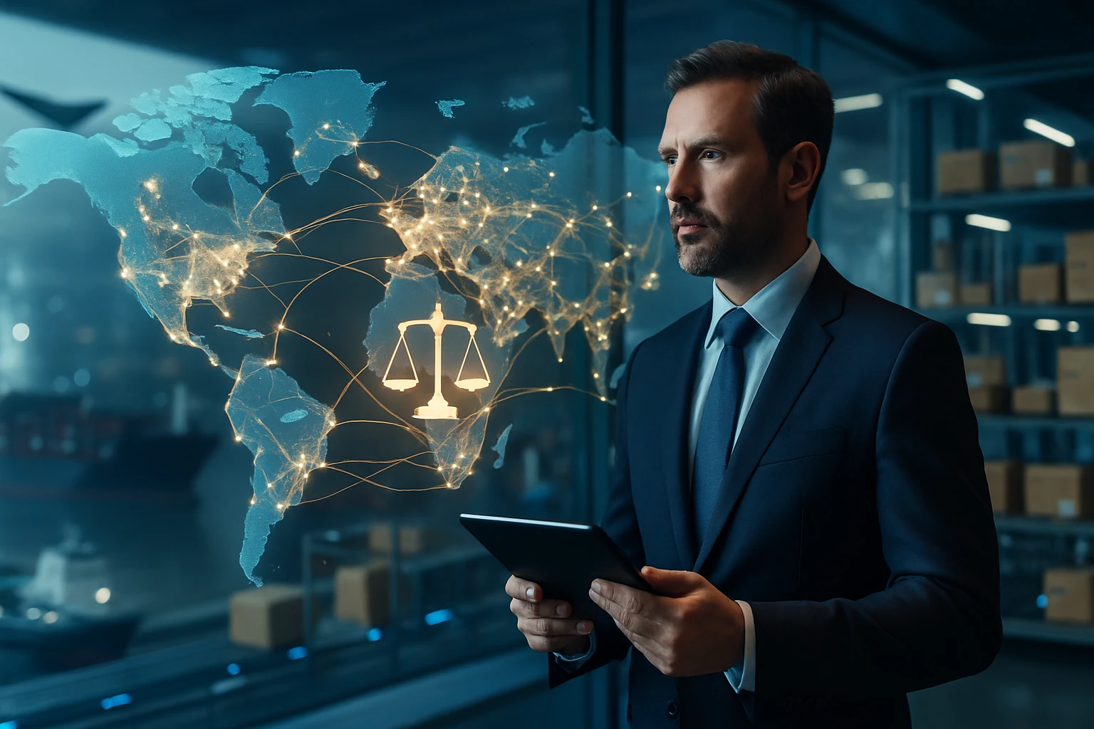 Egy üzletember áll egy modern irodában, kezében táblagéppel, háttérben világ térképpel és mérleg szimbólummal.