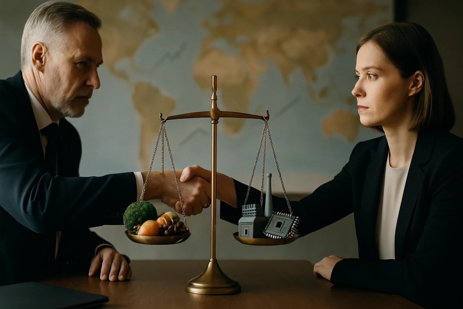 Két üzletember kezet fog, miközben egy mérleg két oldalán élelmiszer és ipari épületek láthatók.