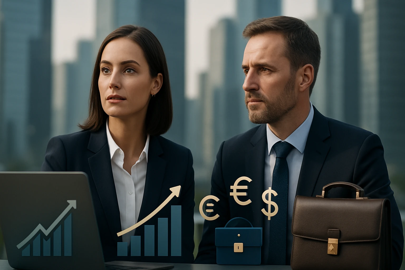 Két üzletember ül egy asztalnál, laptop előtt, pénzügyi grafikonokkal és táskákkal.