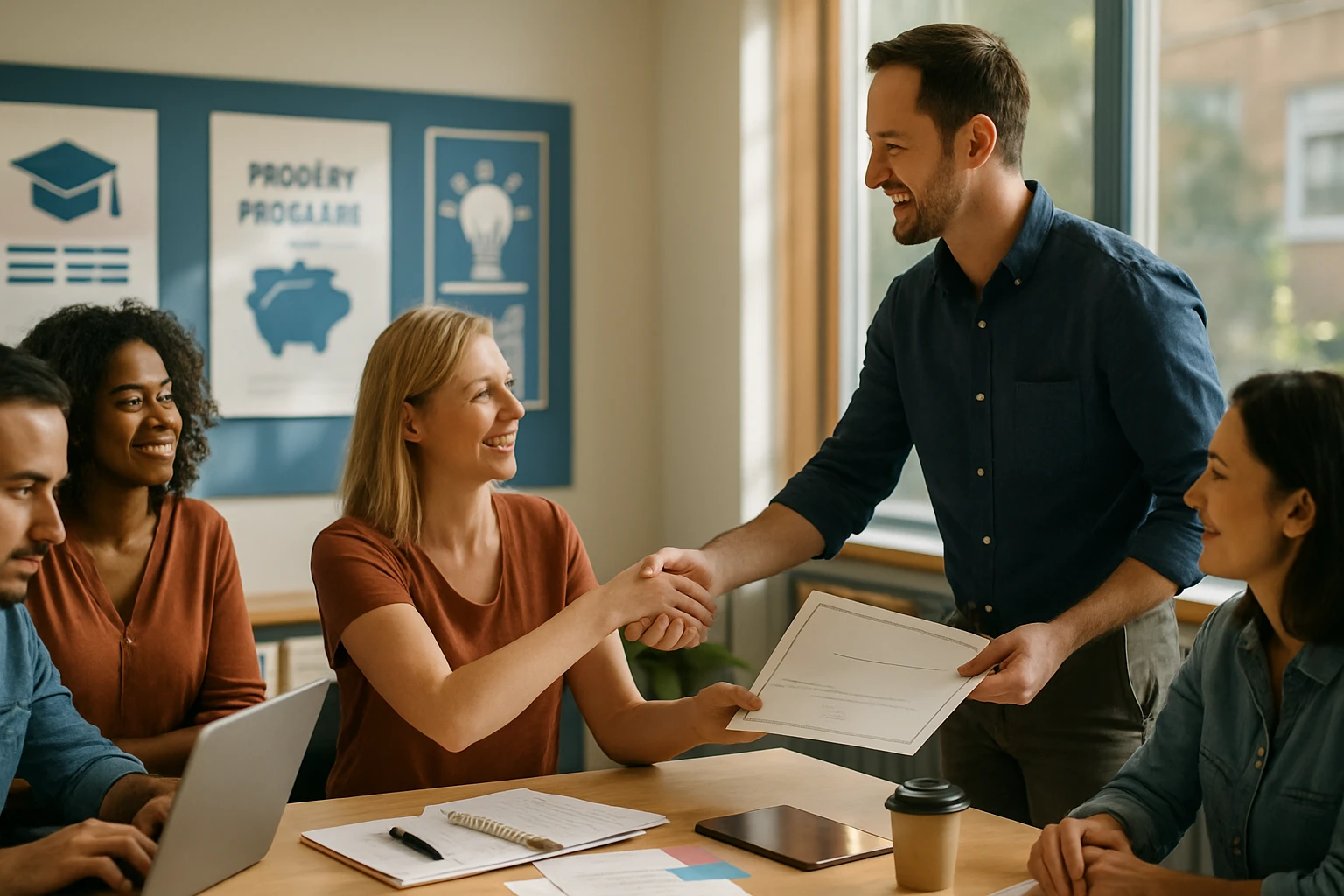 Egy férfi és egy nő kezet fognak egy üzleti megbeszélés során, miközben mások figyelik őket.