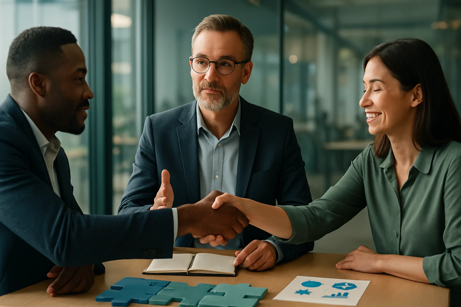 Három üzletember ül egy asztalnál, kézfogással üdvözlik egymást, háttérben üvegfal.