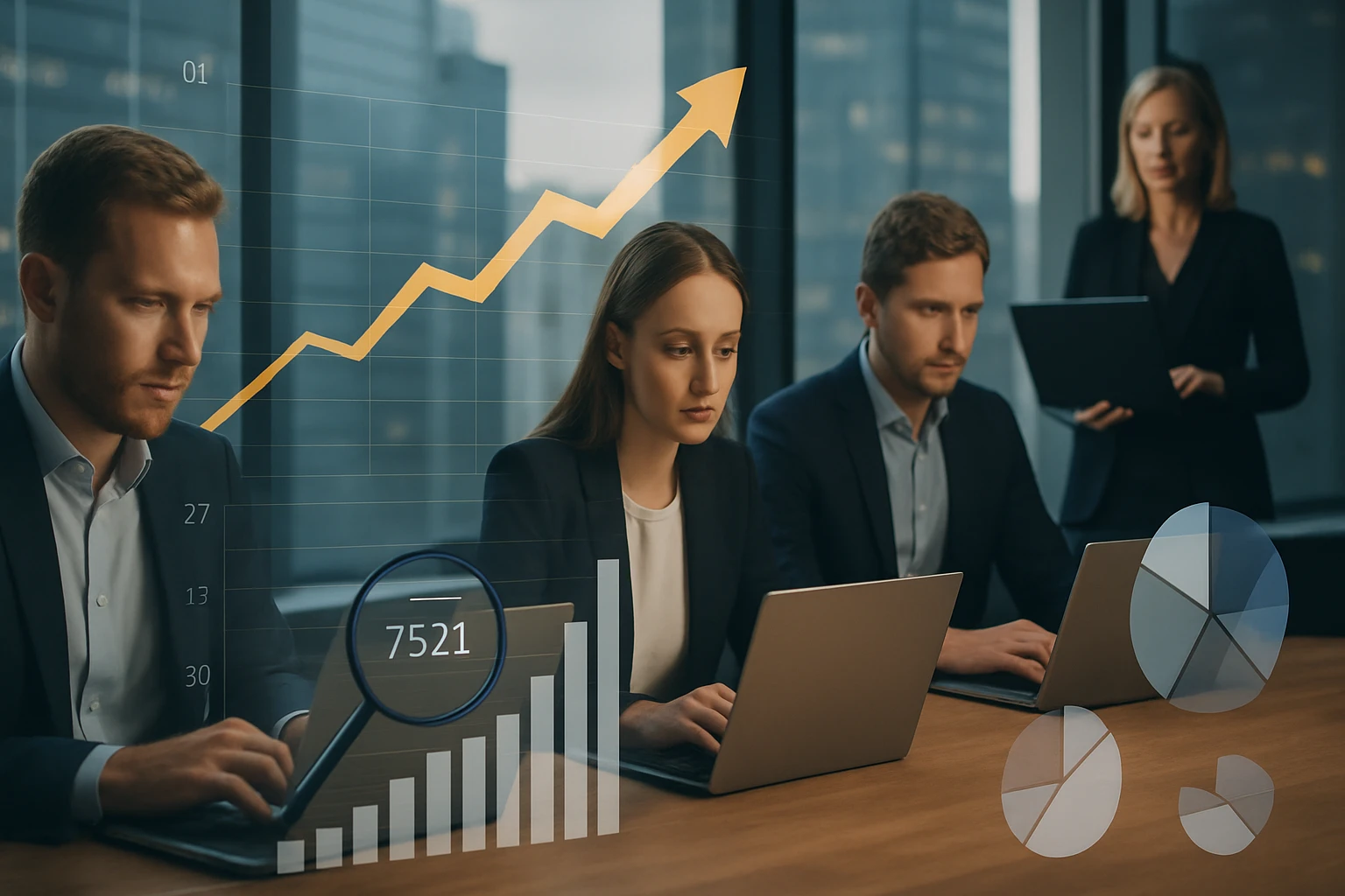 Négy üzletember dolgozik laptopokkal, miközben grafikonok és statisztikák láthatók a háttérben.