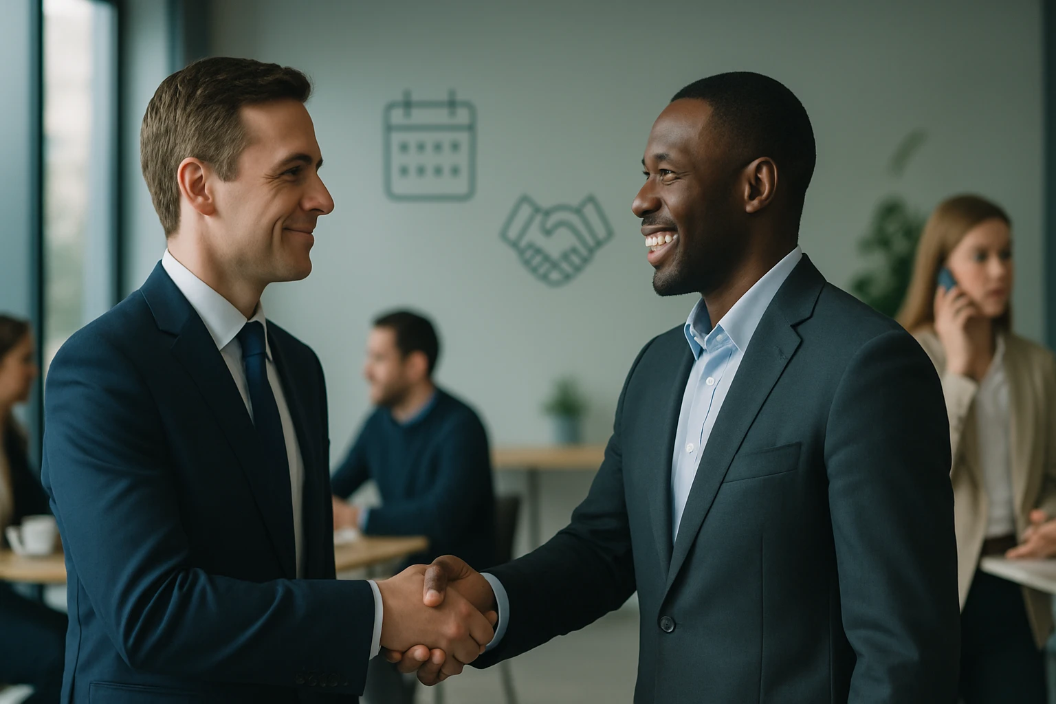 Két férfi, öltönyben, kézfogással üdvözli egymást egy modern irodában.