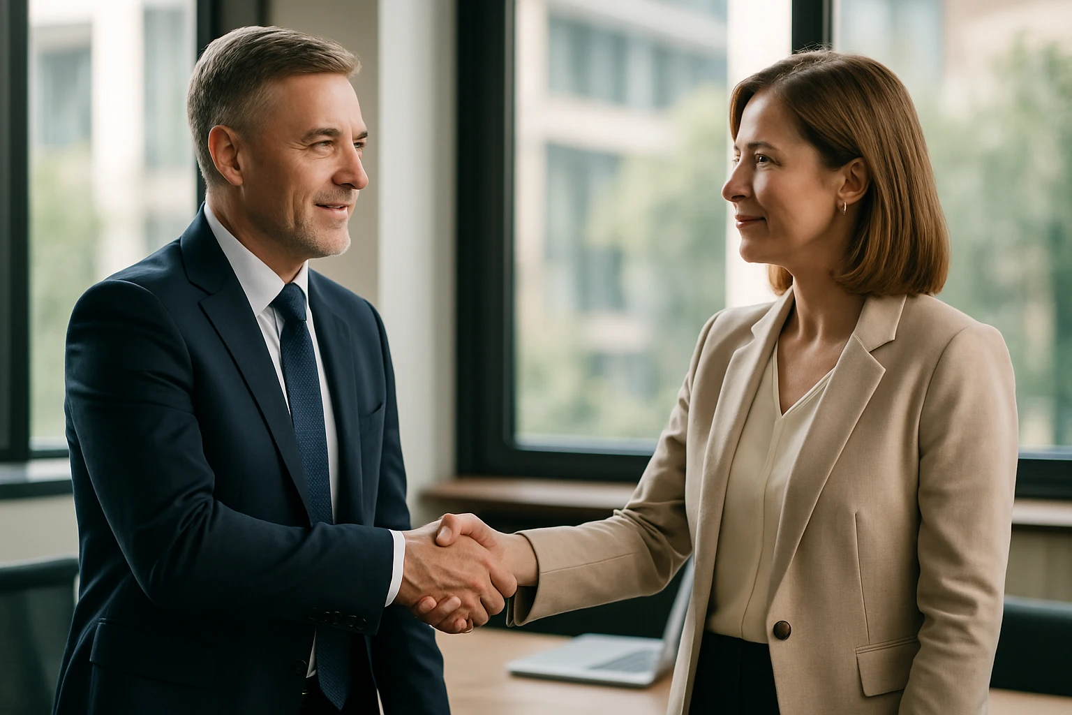 Két üzletember kezet fog egy modern irodában, barátságos légkörben.