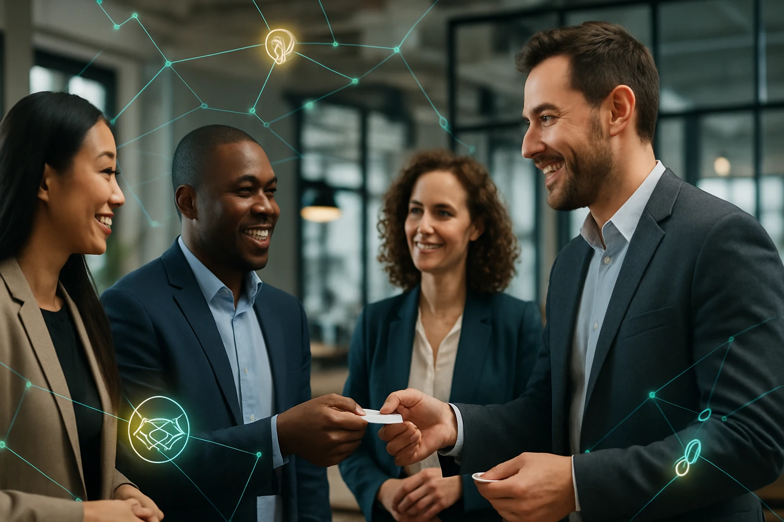 Négy üzletember barátságosan beszélget, névjegykártyát cserélnek egy modern irodában.