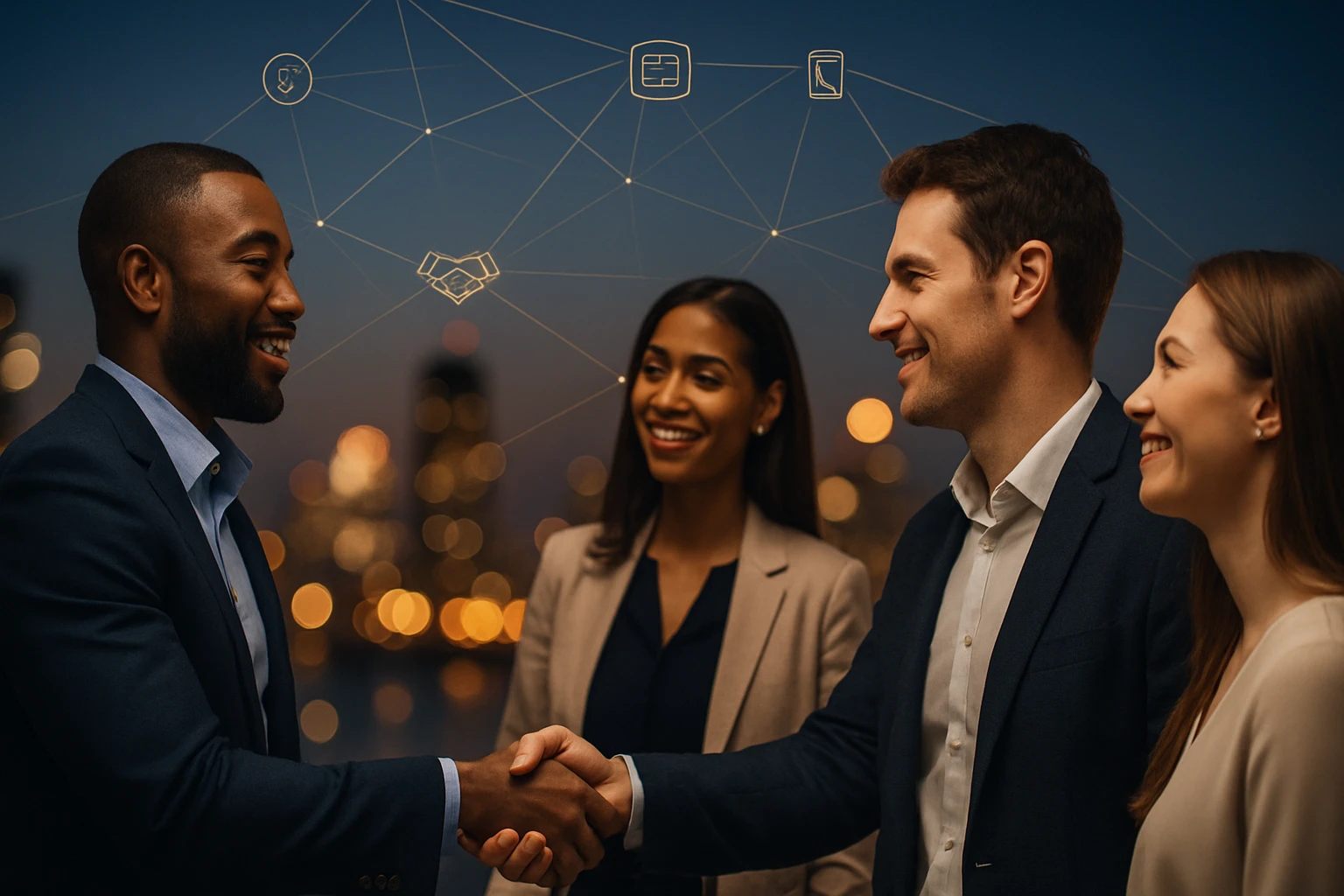 Két üzletember kezet fog, miközben egy nő és egy férfi mosolyogva figyelik őket a háttérben.
