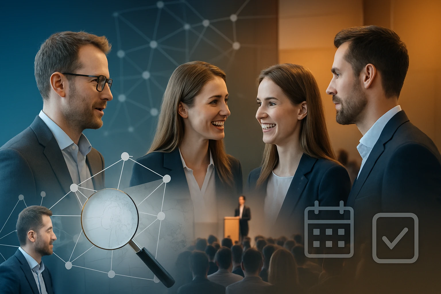 Két fiatal üzletember és üzletasszony beszélget egy konferencián, háttérben előadóval.