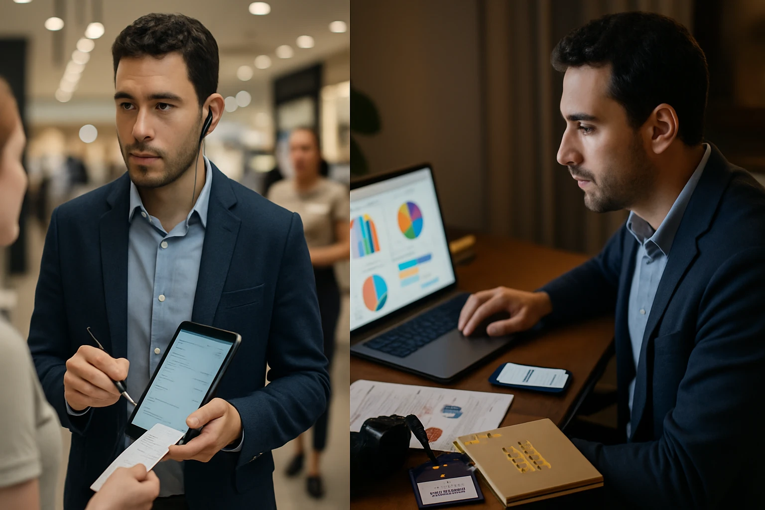 Egy fiatal férfi üzleti öltönyben, táblagépen dolgozik, miközben egy másik személynek információt ad.