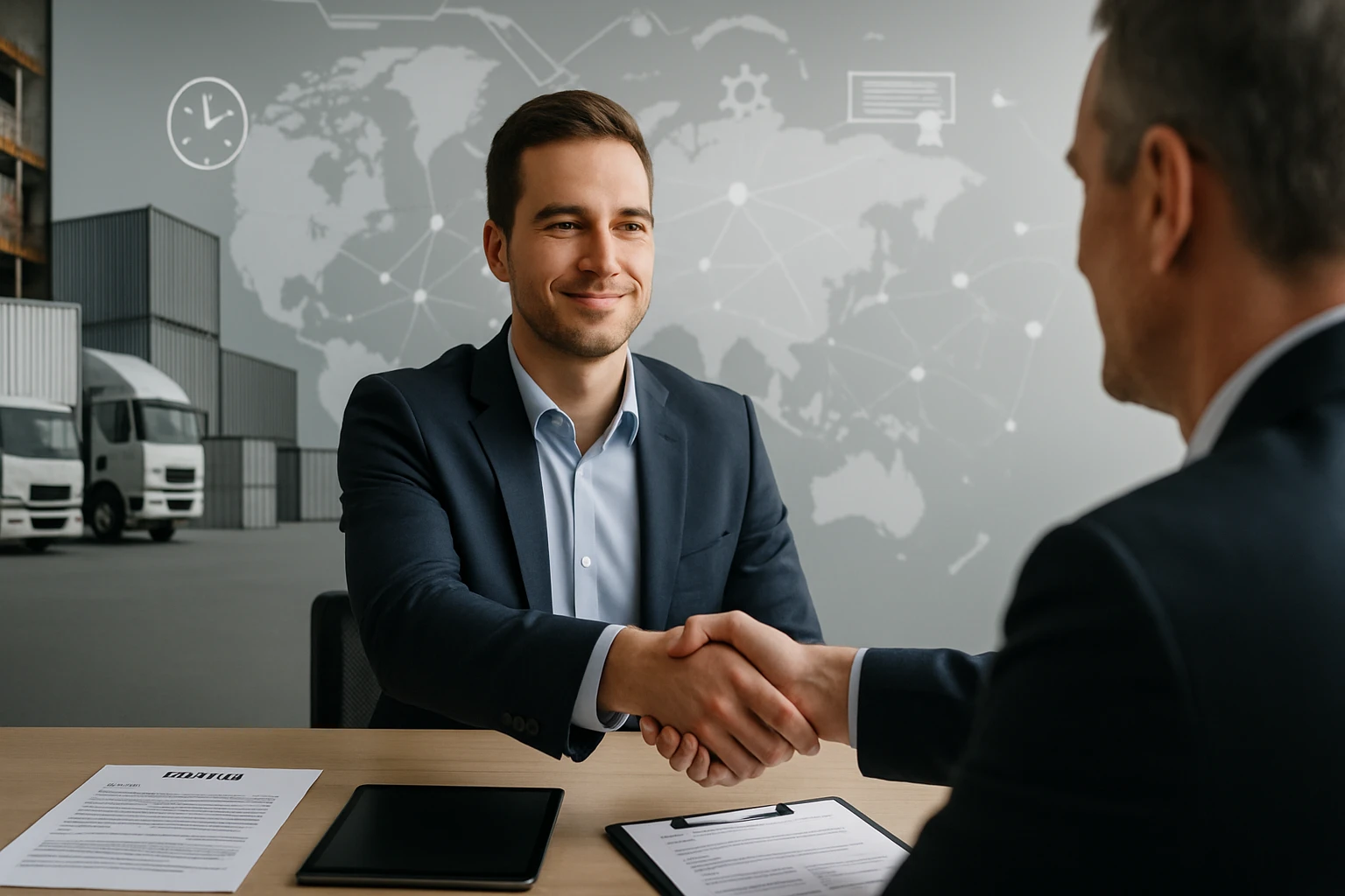 Két üzletember kezet fog egy tárgyalás során, háttérben konténerek és világ térkép.