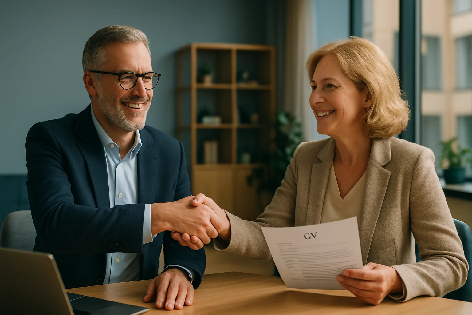 Két üzletember kezet fog egy tárgyalás során, mosolyogva ülnek egy asztalnál.