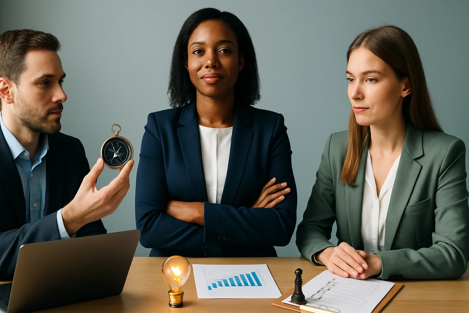 Három üzletember ül egy asztalnál, az egyik férfi egy zsebszerkezetet mutat.