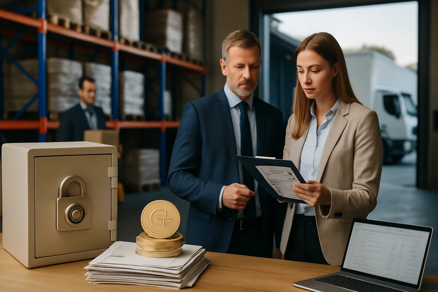 Két üzletember egy raktárban áll, dokumentumokat néznek át egy asztalon, mellette egy zárható széf és aranyérmék.