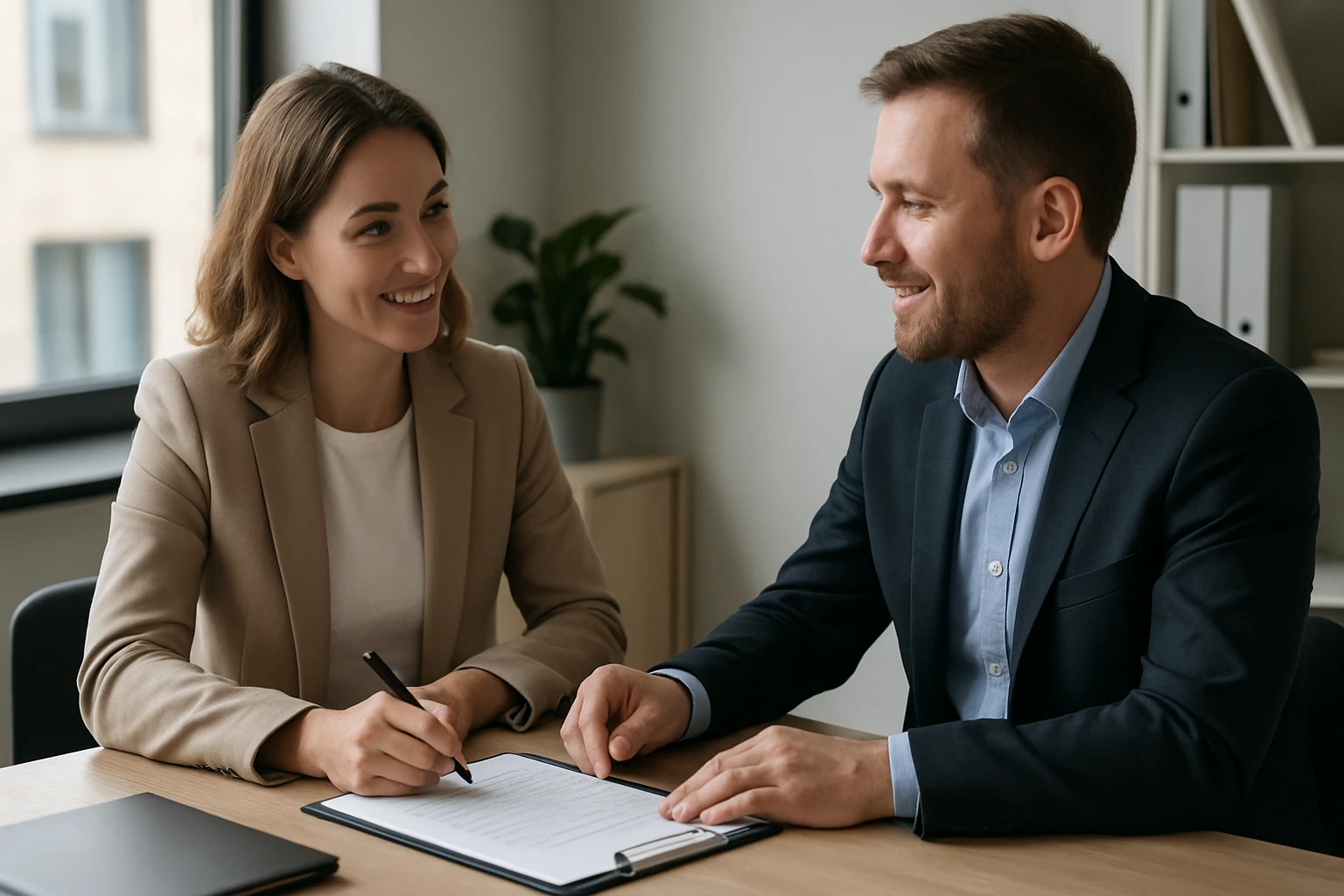 Két üzletember beszélget egy tárgyalóteremben, a nő jegyzetel.