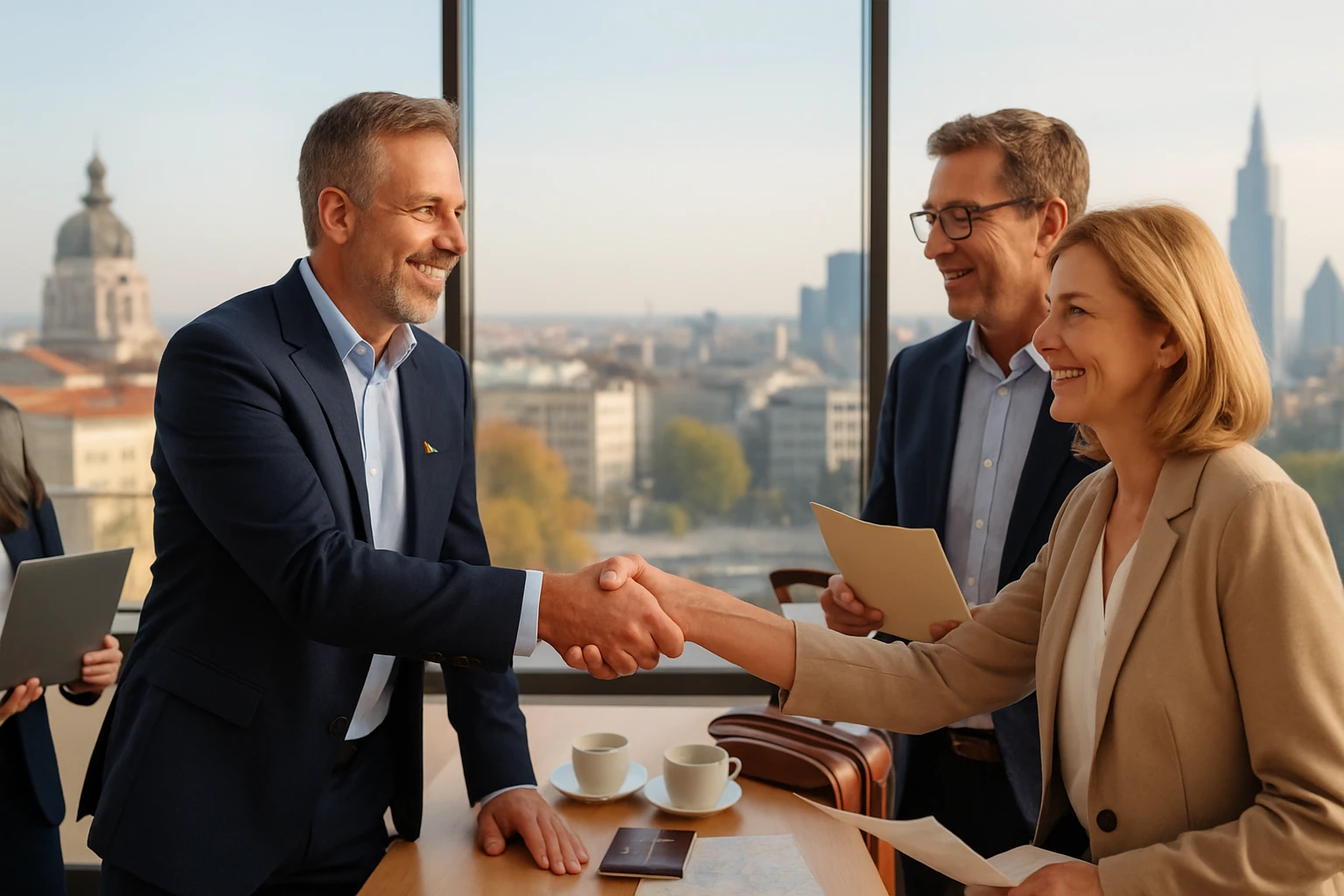 Két üzletember kezet fog egy modern irodában, háttérben városi táj.