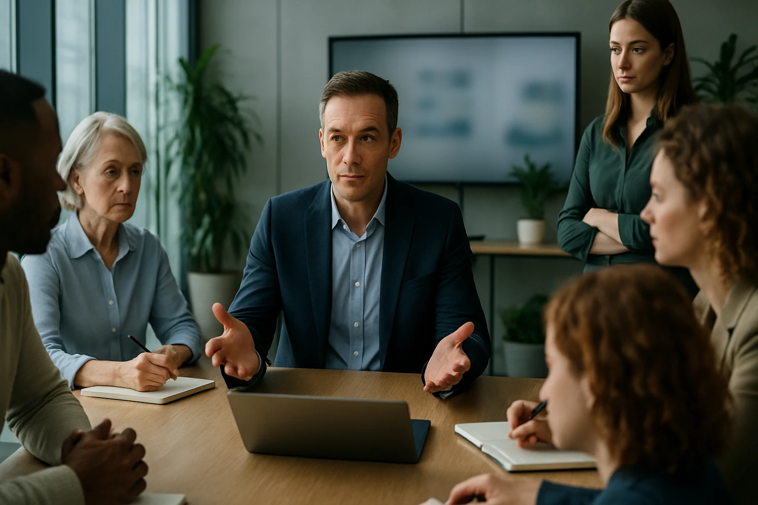Egy férfi beszél egy üzleti megbeszélésen, körülötte több ember figyel.