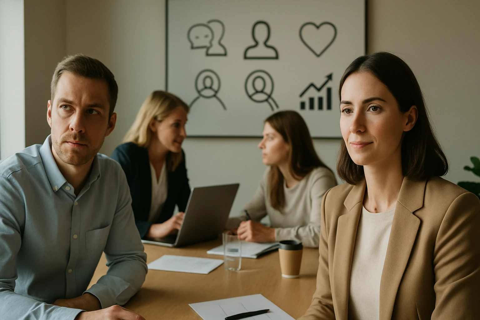 Egy üzleti megbeszélés során négy ember ül egy asztalnál, figyelmesen beszélgetnek.