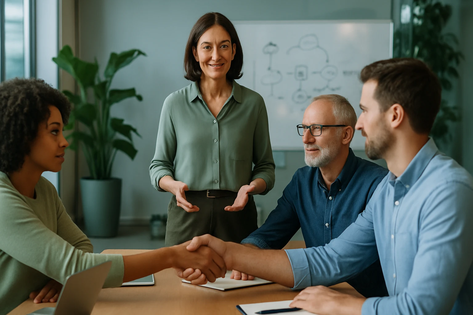 Egy üzleti megbeszélés során négy ember interakciója, kézfogás és beszélgetés.