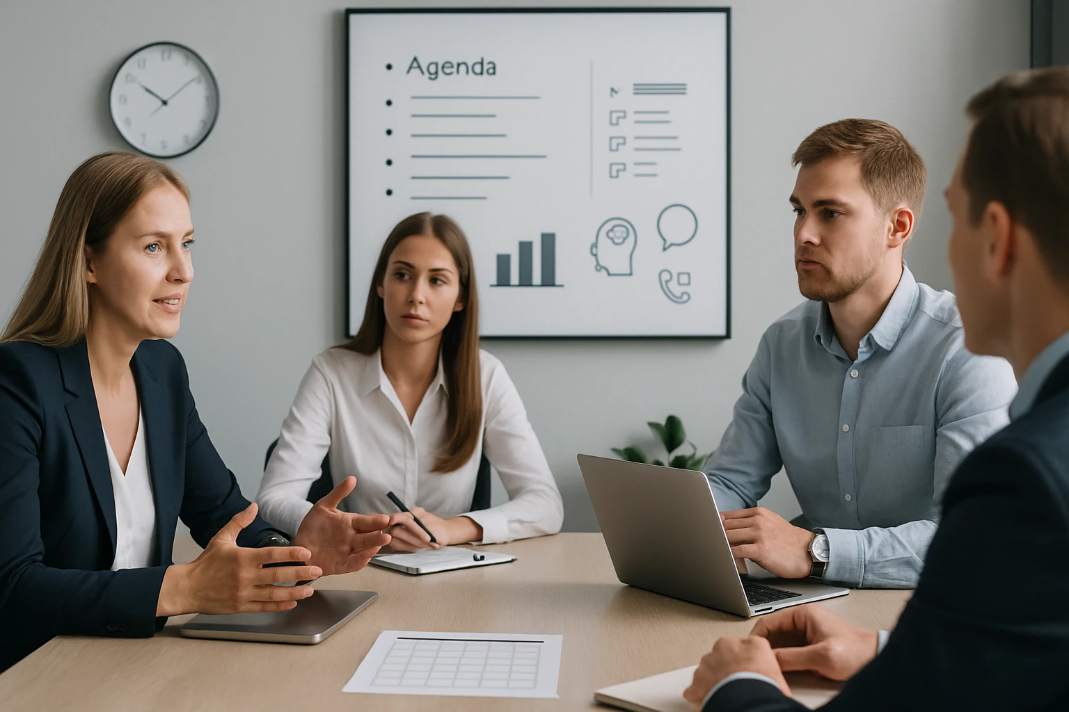 Egy üzleti megbeszélés zajlik, ahol négy fiatal szakember aktívan részt vesz.