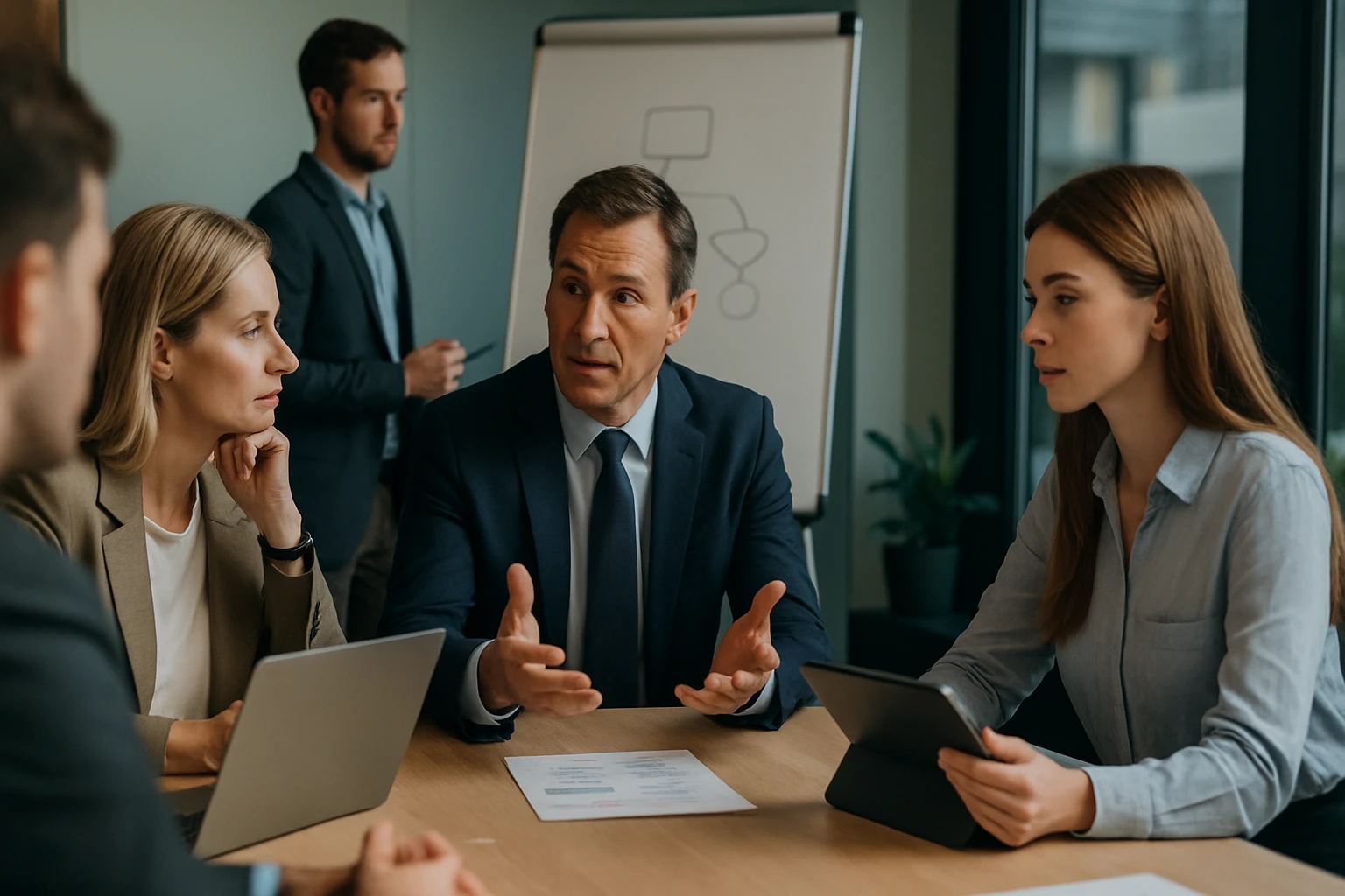 Egy üzleti megbeszélés zajlik, ahol négy ember aktívan részt vesz a diskurzusban.