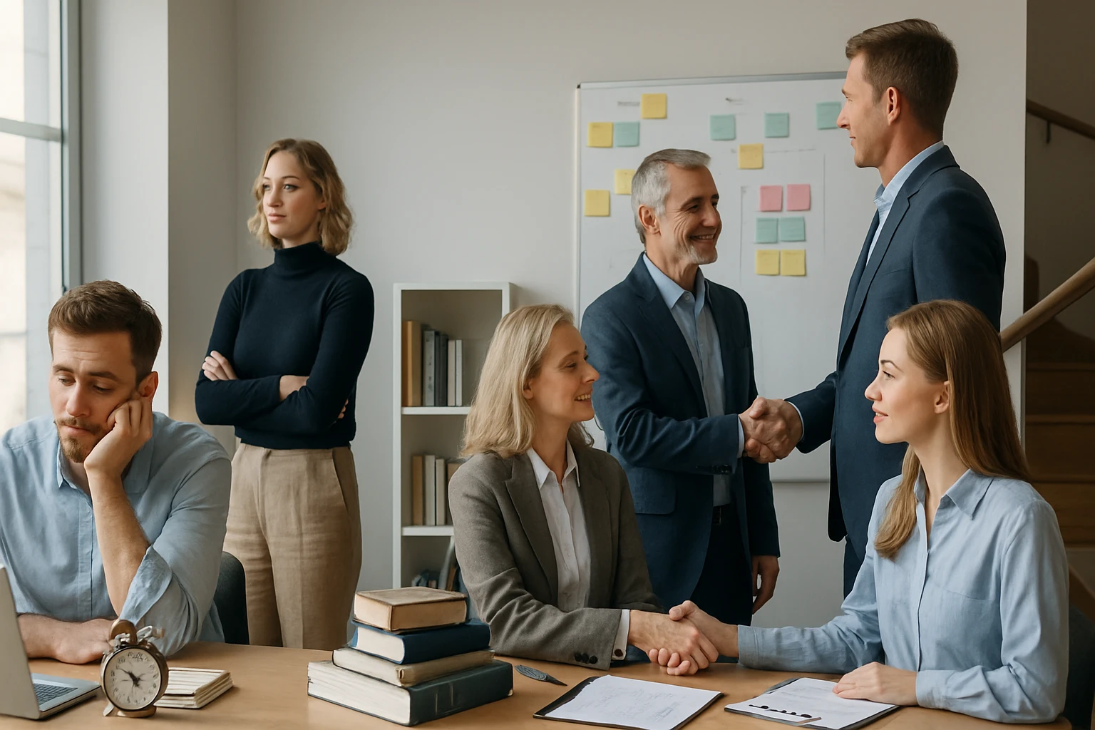 Egy üzleti megbeszélés során két férfi kezet fog, míg a háttérben nők figyelik őket.