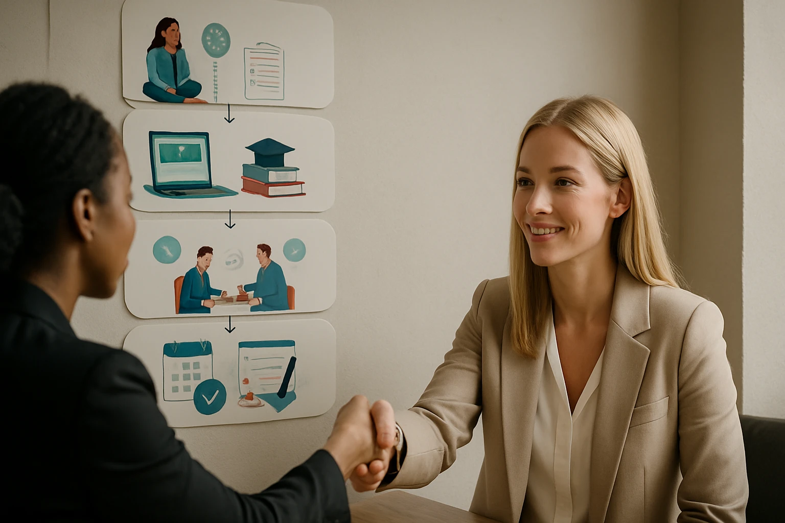 Két nő kezet fog egy üzleti megbeszélés során, háttérben illusztrációk.