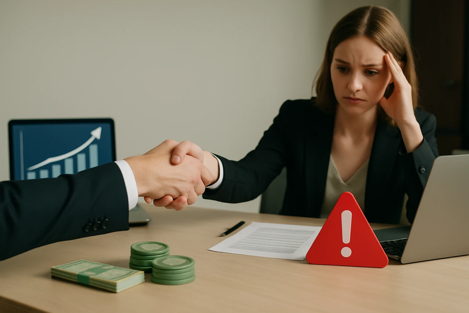 Egy üzleti megbeszélés során egy nő aggódva nézi a férfi kezét, amint kezet fognak.