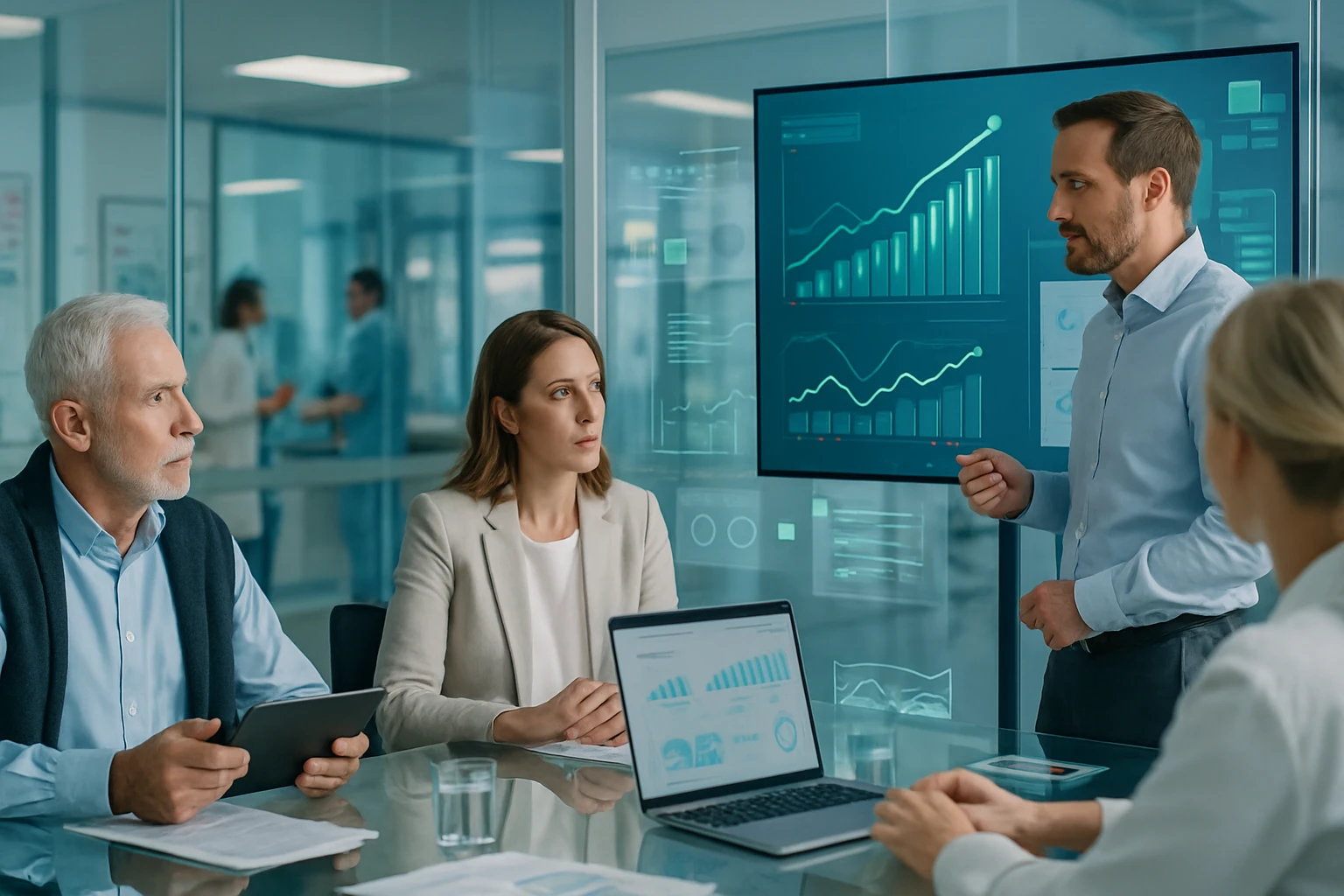 Egy üzleti megbeszélés zajlik, ahol a résztvevők figyelmesen hallgatják az előadót, aki grafikonokat mutat be.
