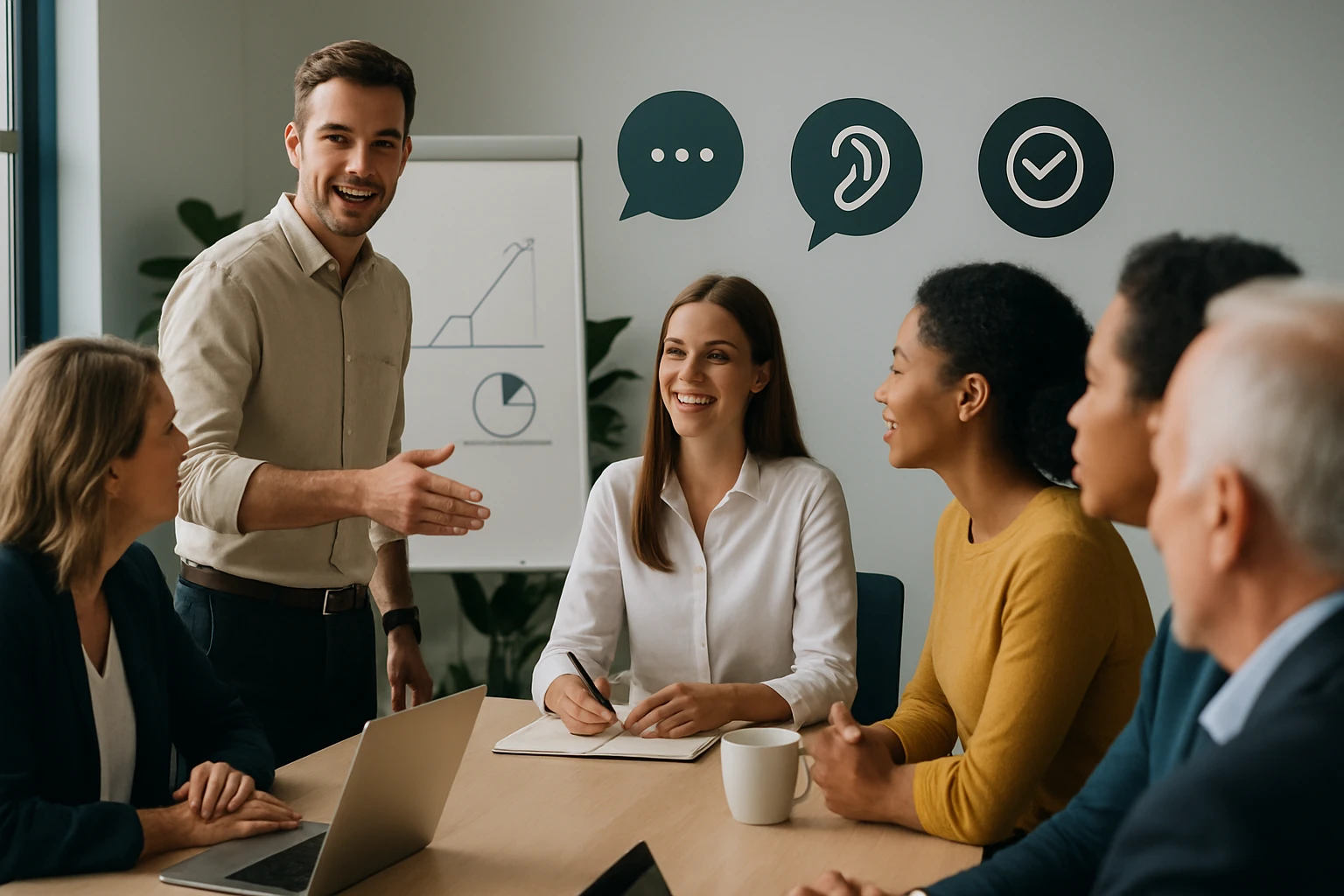 Egy férfi kézfogással üdvözöl egy nőt egy üzleti megbeszélésen, körülöttük kollégák ülnek.