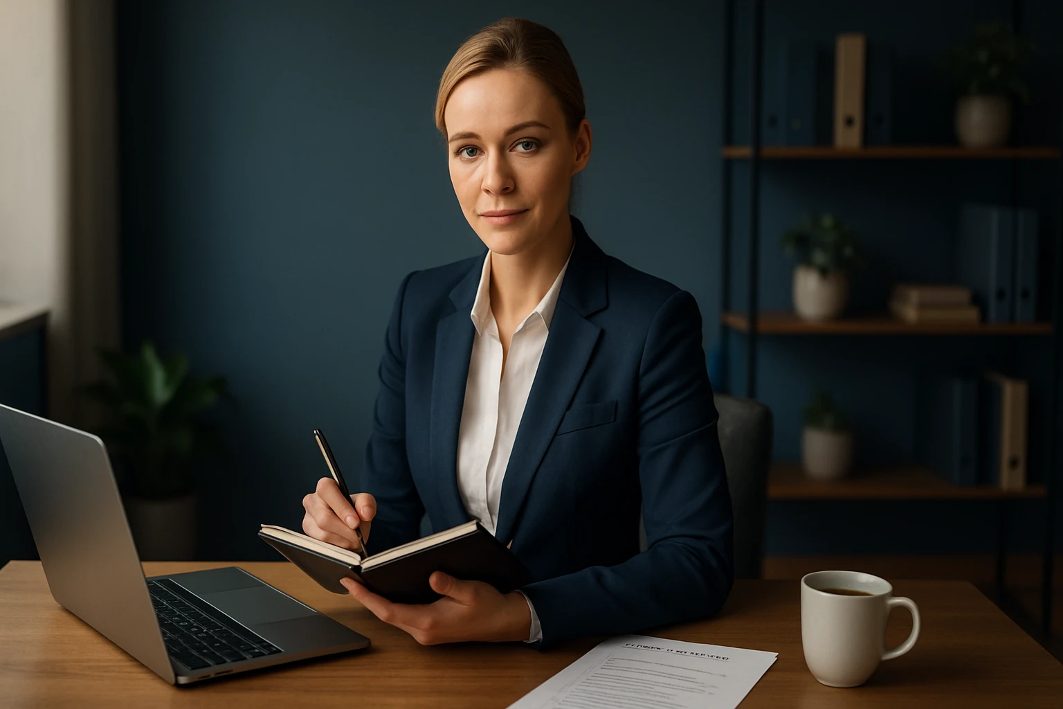 Egy fiatal nő üzleti öltözetben ül egy asztalnál, jegyzetel egy füzetbe, laptop és kávé mellett.