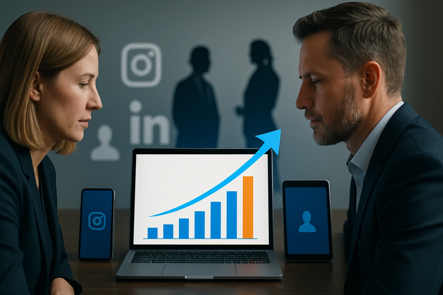 Két üzletember ül egy asztalnál, laptop előtt, amelyen növekvő grafikon látható.