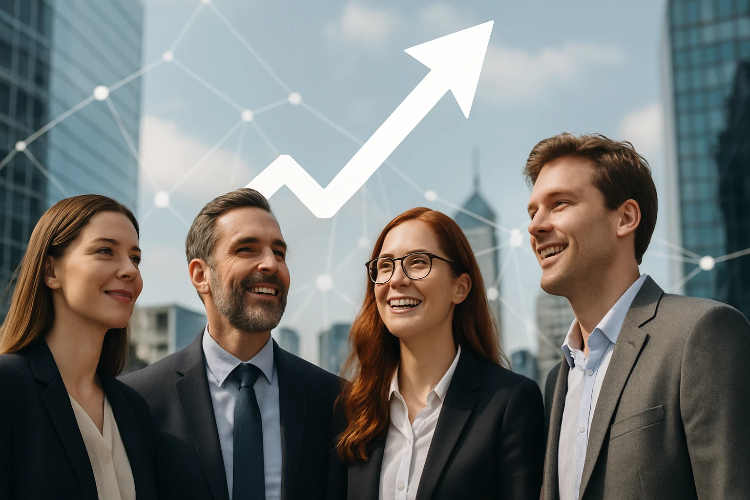 Négy üzletember mosolyogva áll egy városi háttér előtt, miközben egy felfelé mutató grafikon látható felettük.
