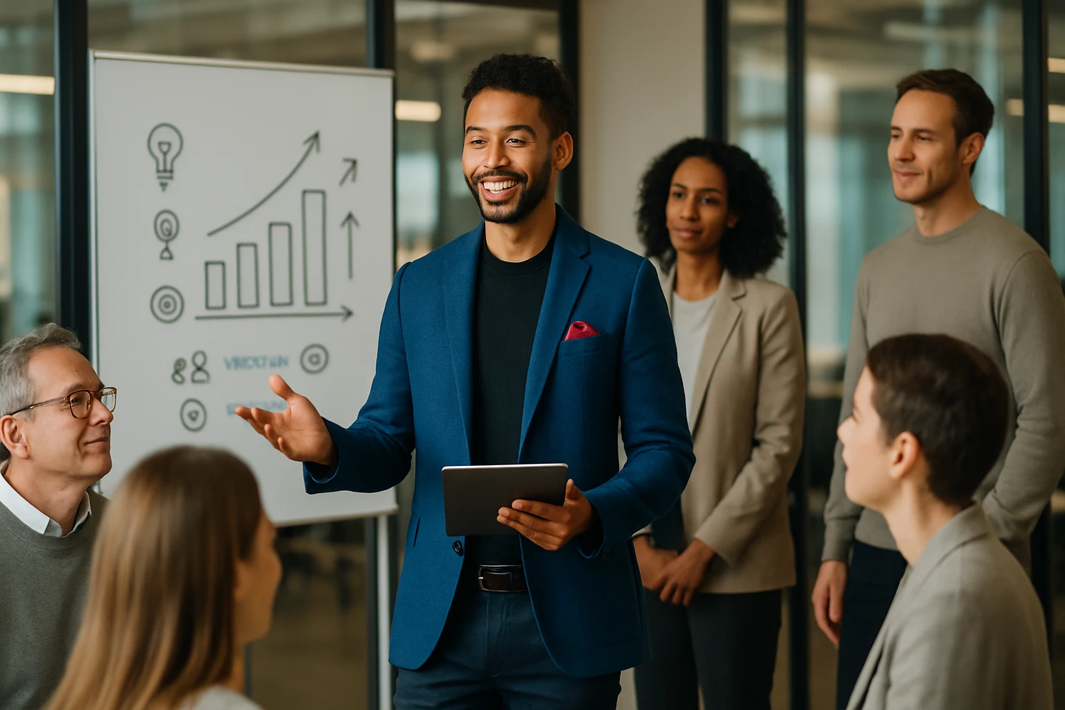 Egy férfi prezentál egy üzleti megbeszélésen, miközben a hallgatóság figyelmesen hallgat.