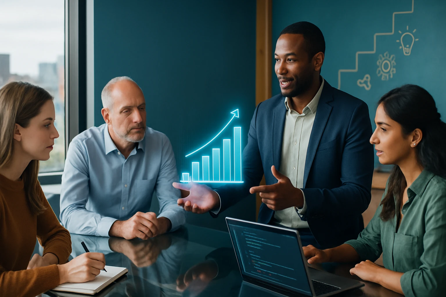 Egy férfi prezentál egy grafikonon növekvő adatokat egy üzleti megbeszélés során, négy ember figyel.