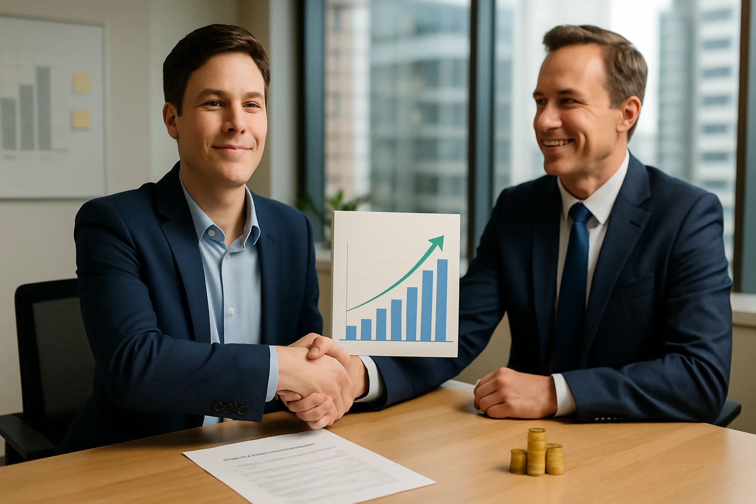 Két üzletember kezet fog, miközben egy növekvő grafikonra mutatnak egy irodai környezetben.
