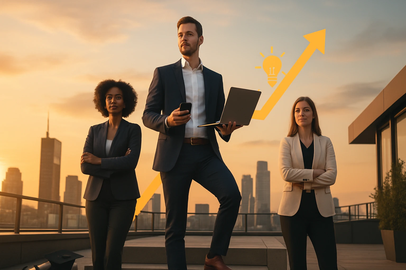Három üzletember áll egy tetőn, a háttérben városi táj és naplemente látható.