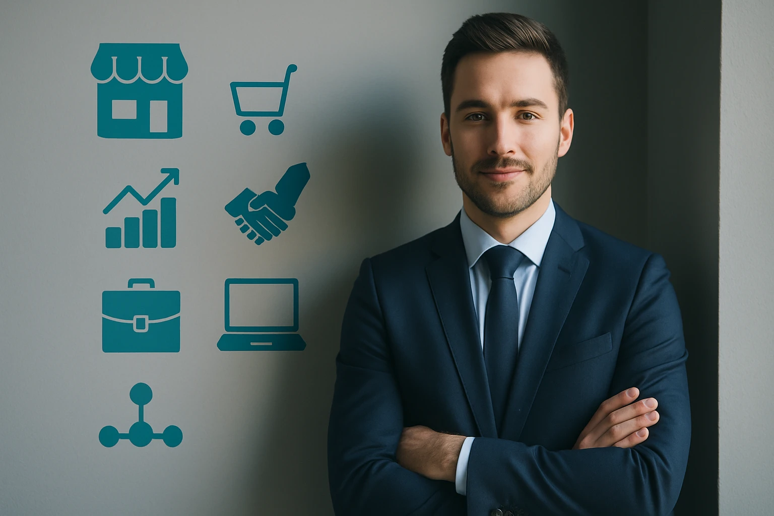 Egy fiatal férfi öltönyben, karba tett kézzel áll egy fal előtt, amelyen üzleti ikonok láthatók.