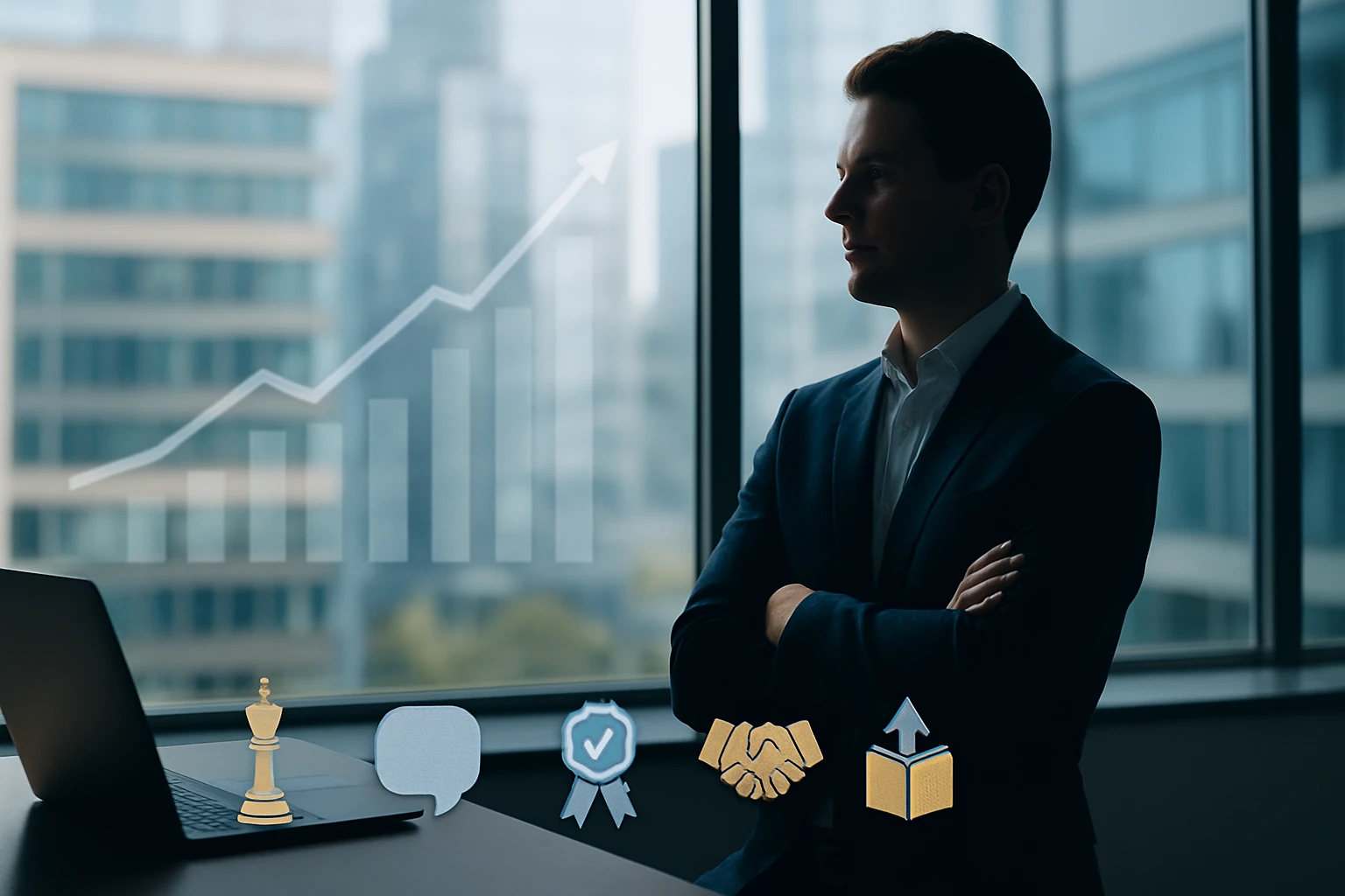Egy férfi öltönyben, a háttérben növekvő grafikon és üzleti ikonok láthatók.