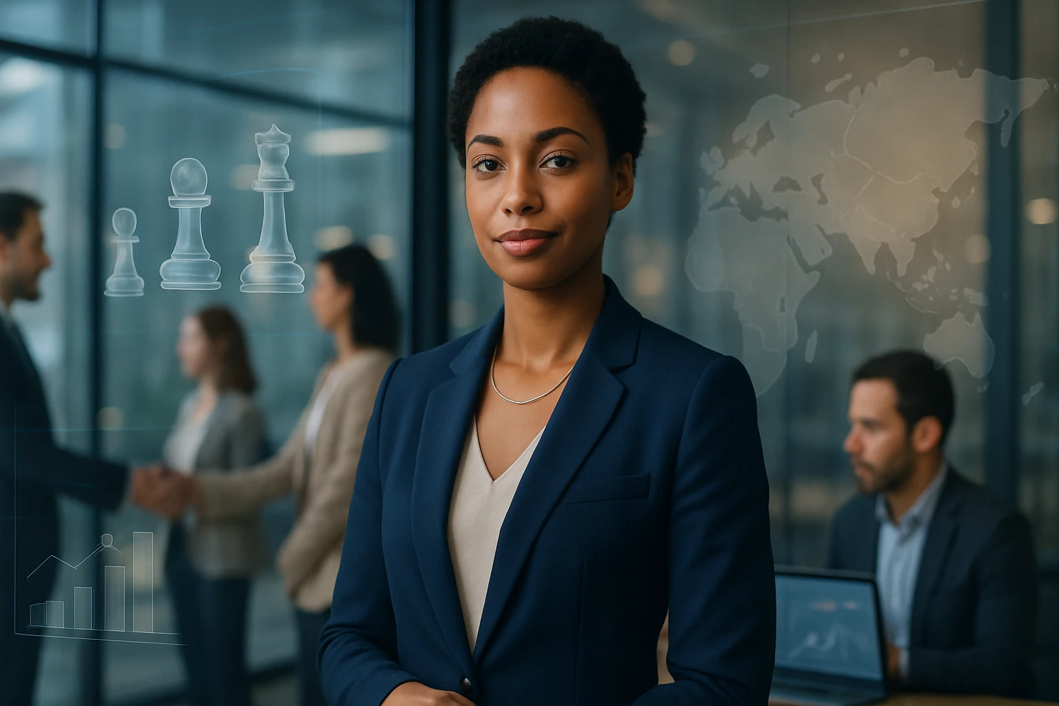 Egy fiatal nő, öltönyben, magabiztosan áll egy modern irodában, háttérben üzleti megbeszélés zajlik.