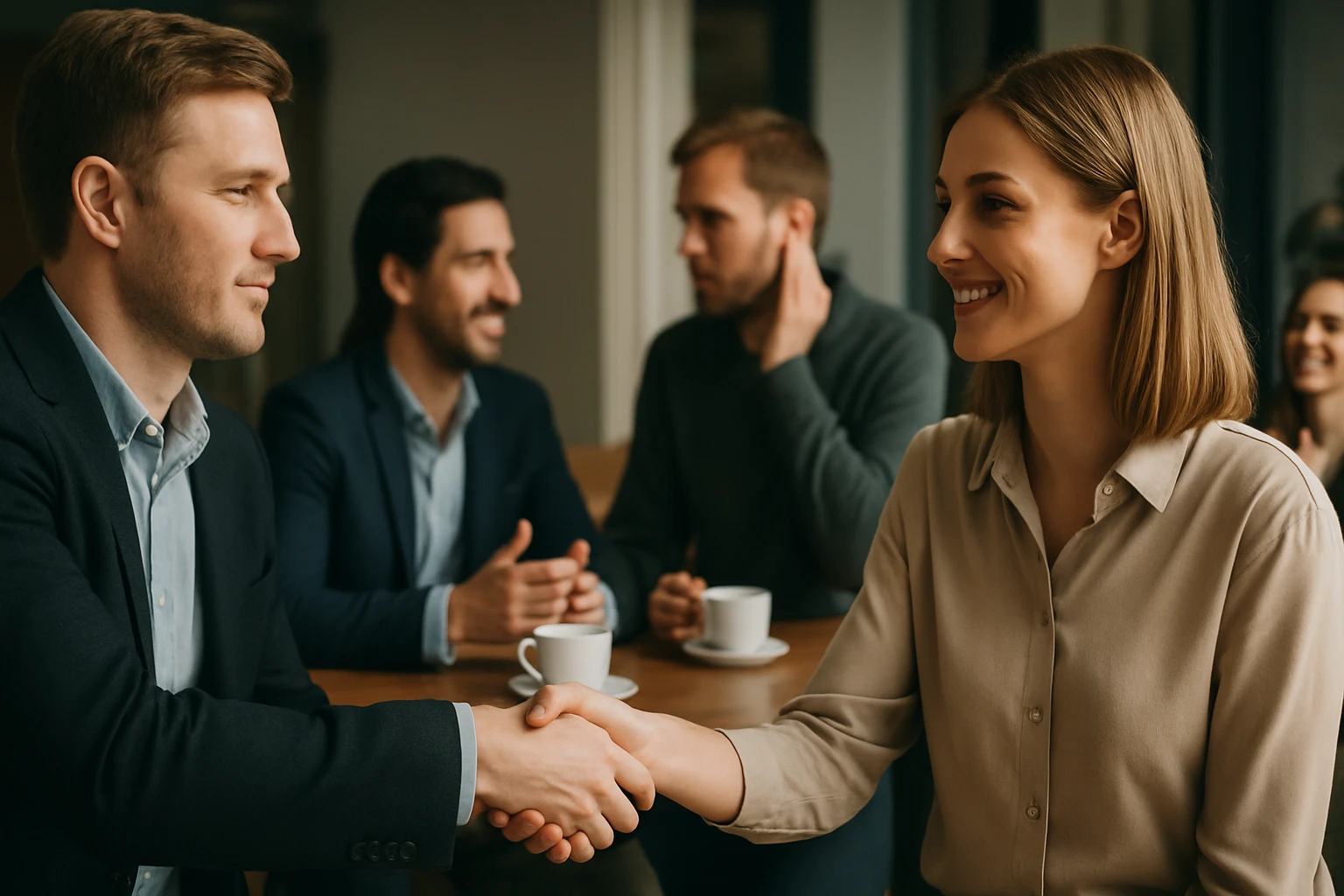 Két ember kezet fog egy kávézóban, háttérben mások beszélgetnek.