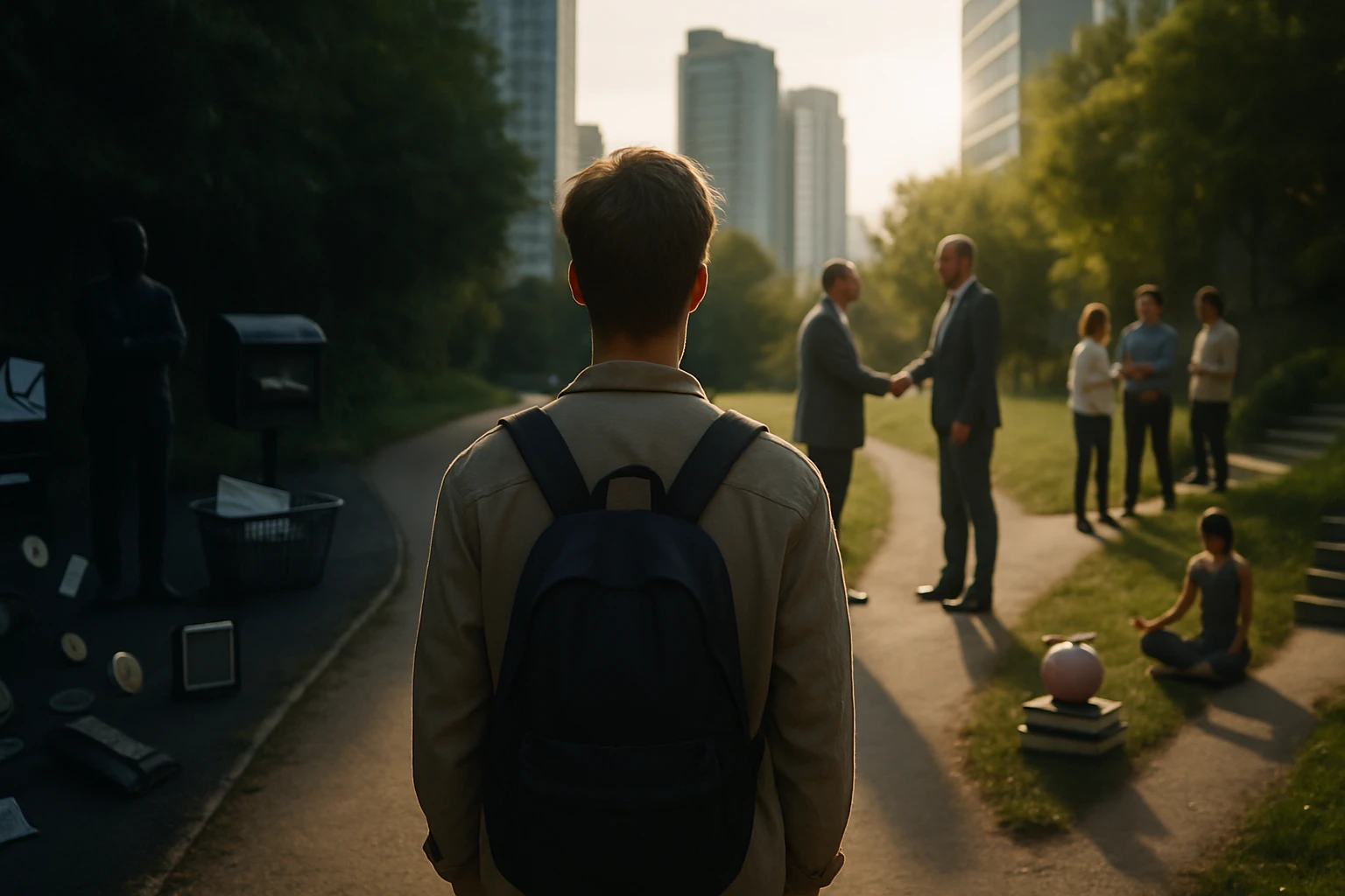 Egy fiatal férfi hátulról nézi a parkban zajló üzleti találkozót, miközben más emberek is jelen vannak.