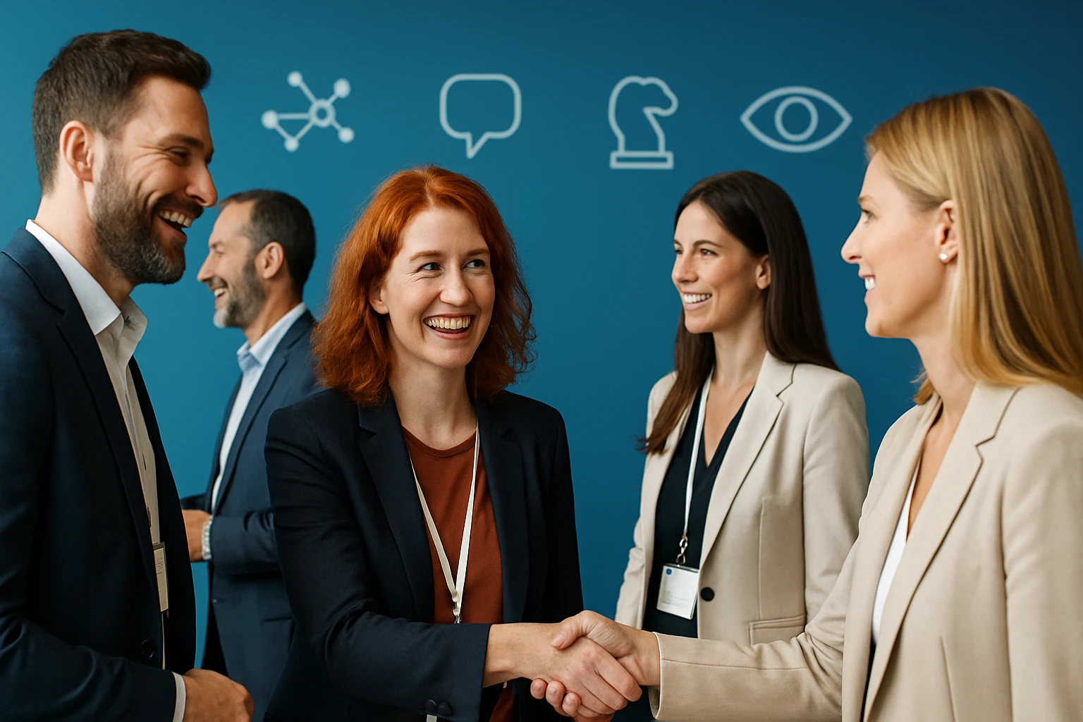 Négy üzletember beszélget egy modern irodában, barátságos légkörben.